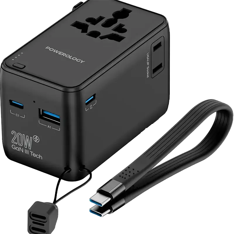 Powerology PD 20W Universal Travel Adapter With Built-in Power Bank 4000mah Total DC Output 20W Black 1 Mascom International.webp